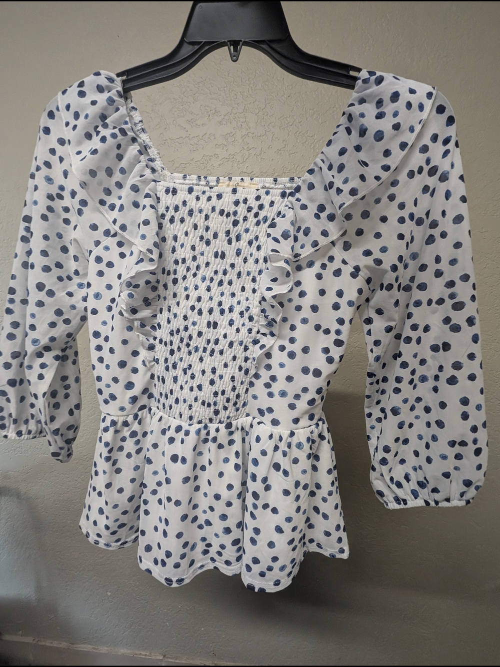 White Blue Dot Smocked Peplum Blouse - Women's